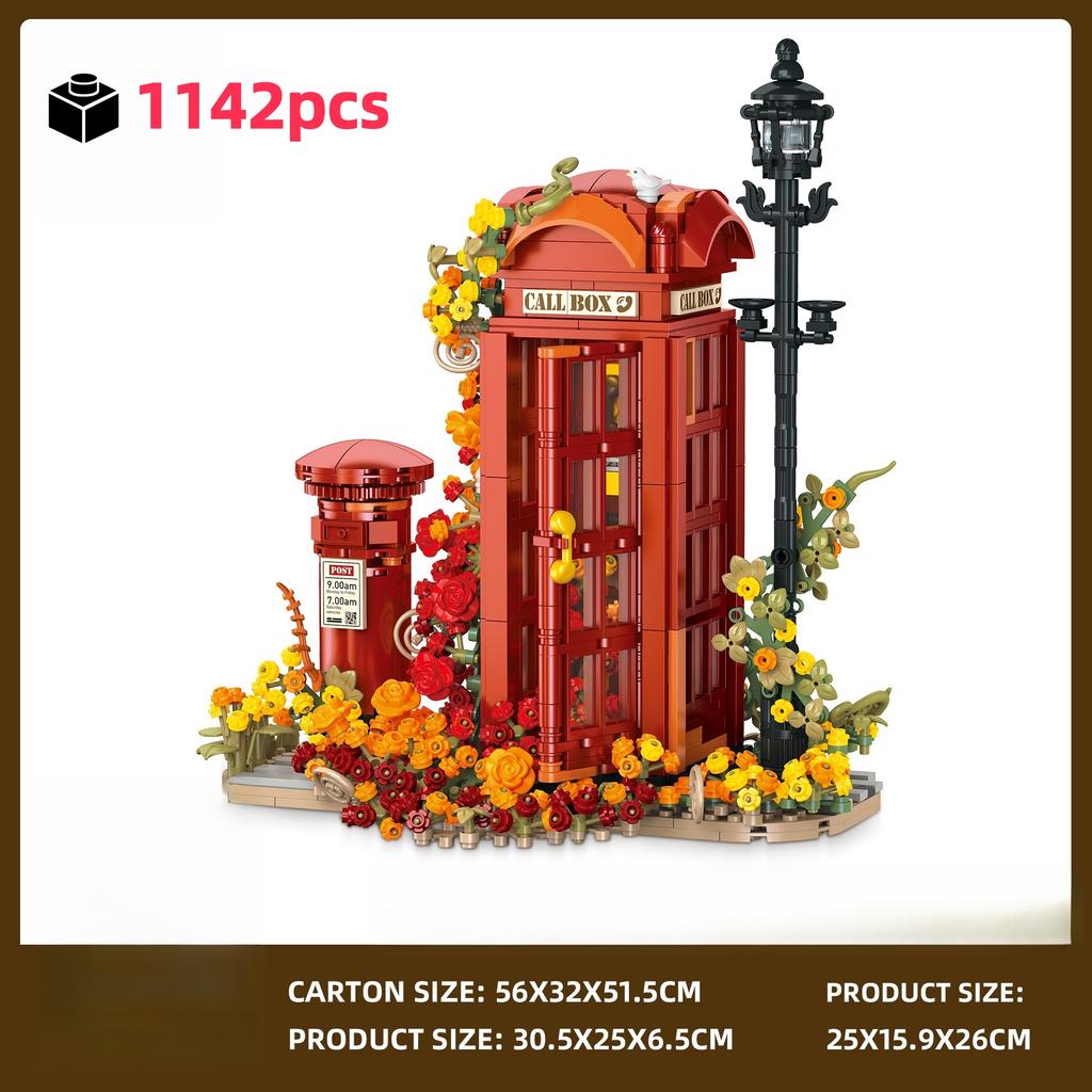 1142Pcs Retro British Phone Booth Building Blocks Toy European Series Mailbox Floral Light Detail Creative Ornament MOC Gift