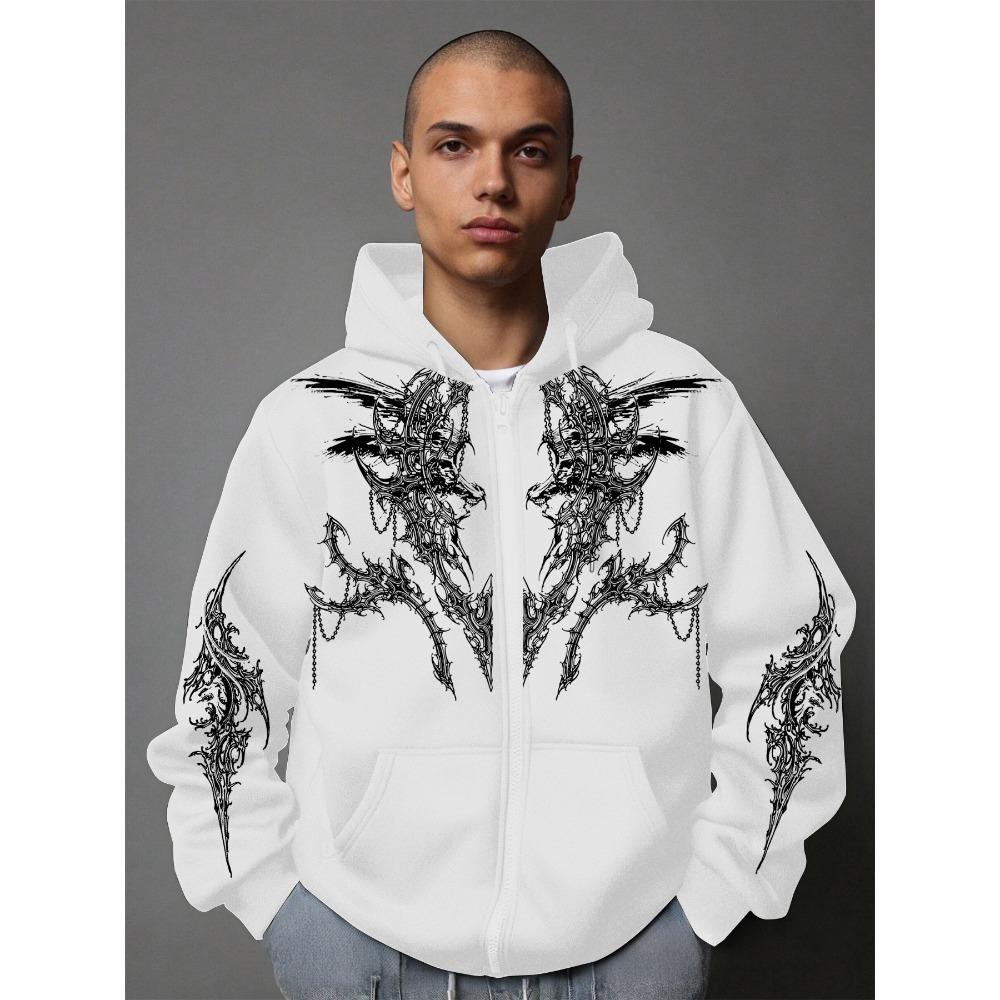 Men's Dark Campus Fashion Style Printed Zip-Up Hoodie, New for Spring and Autumn