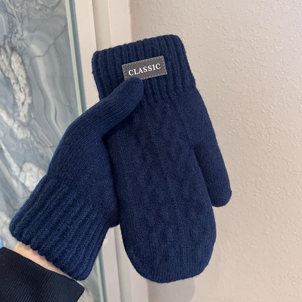 Velvet Thickened Warm Gloves Winter Men's Windproof and Cold-proof Woolen Knitted Double-layered Mittens for Students Outdoor Riding Trend