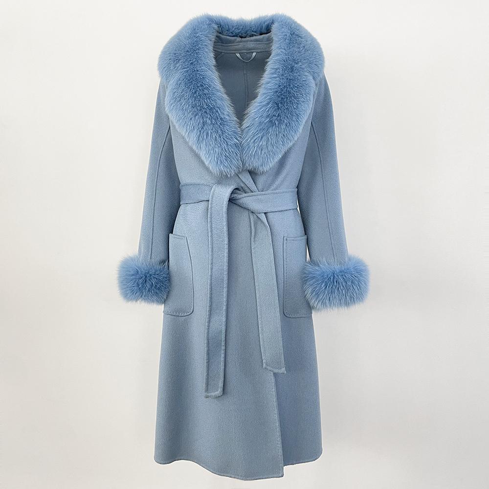 MENINA New  Autumn Winter Fashion 100% Wool Water-Corrugated Woolen Coat with Detachable Fox Fur Collar Women Daily Casual Wear