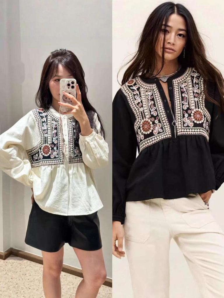 Camicia Larga Ricamata Francese Stile Bohemien con Maniche a Lanterna