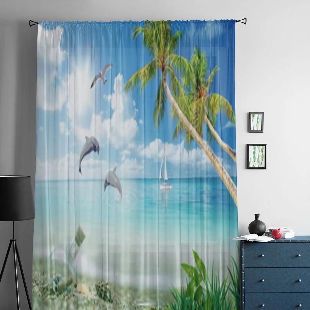Sea Dolphin Palm Tree Sheer Window Curtains For Living Room Bedroom Modern Voile Tulle Curtains Fabric Drapes For Kitchen