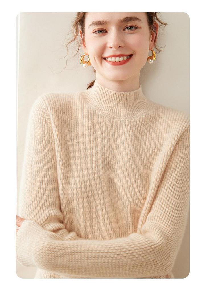 Women's Cashmere Knitwear: Coin Stitch Half-High Collar, Solid Color, Thick Loose Base Layer Sweater for Autumn and Winter.