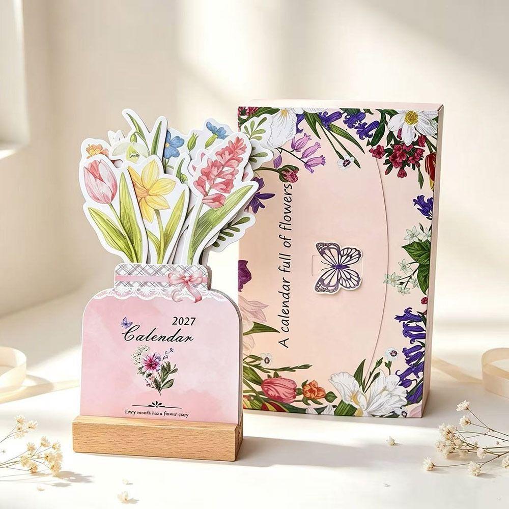 Floral Artwork 2027 Desk Calendar Wooden Base Monthly Desk Calendar Home Office Decorative