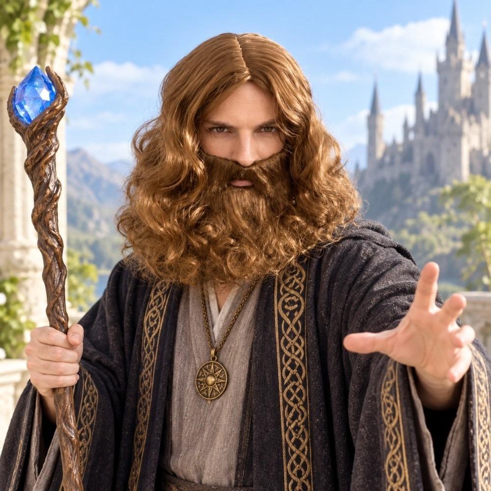 2pcs Realistic Curly Hair and Thick Long Beard Fluffy Wizard Cosplay Set Family Photos