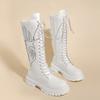 Botas de Tacón de Bloque Bordadas de Caña Media Moda Punta Redonda con Cordones Plataforma Antideslizantes Resistentes al Desgaste Cremallera Calzado
