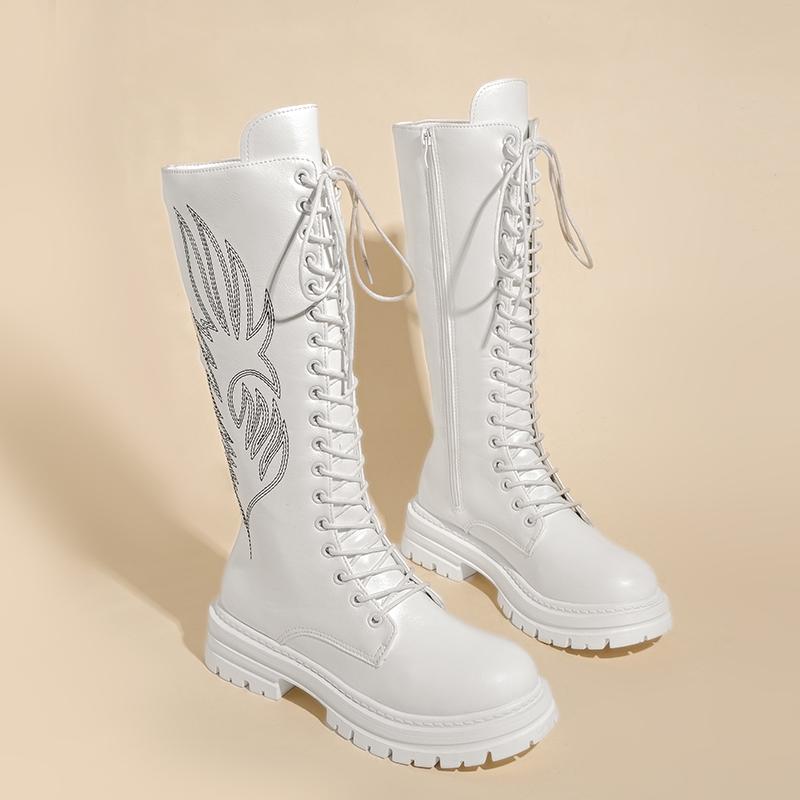 Botas de Tacón de Bloque Bordadas de Caña Media Moda Punta Redonda con Cordones Plataforma Antideslizantes Resistentes al Desgaste Cremallera Calzado