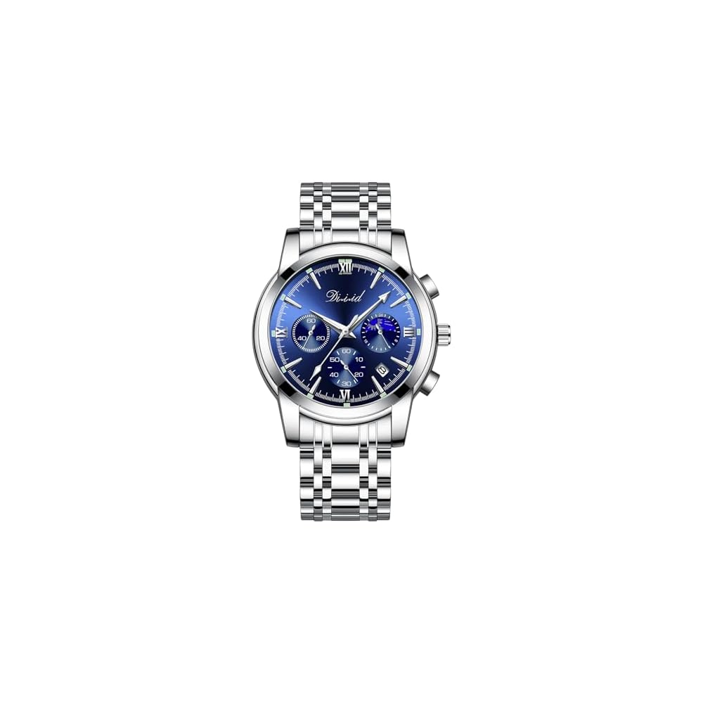 DIZIZID Men s Analog Quartz Chronograph Watch Silver Blue Stainless Steel Waterproof Date Display