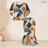 Women Plus Size Geometric Printed Two Piece Skirt Set Batwing Sleeve Ruffle Hem Top Fishtail Skirt