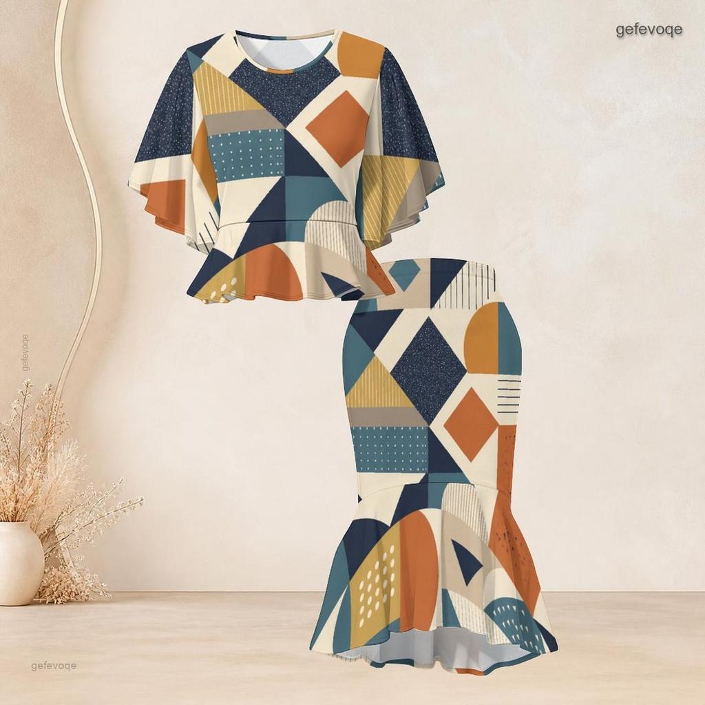 Women Plus Size Geometric Printed Two Piece Skirt Set Batwing Sleeve Ruffle Hem Top Fishtail Skirt