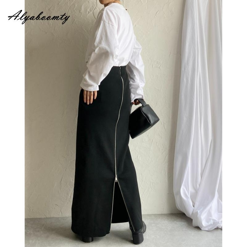 Korean Fashion Autumn Winter Women Stylish Maxi Long Skirt High Waist Black Knitting Zipper Skirt Split Knitted Feminine Classical Skirts Womens