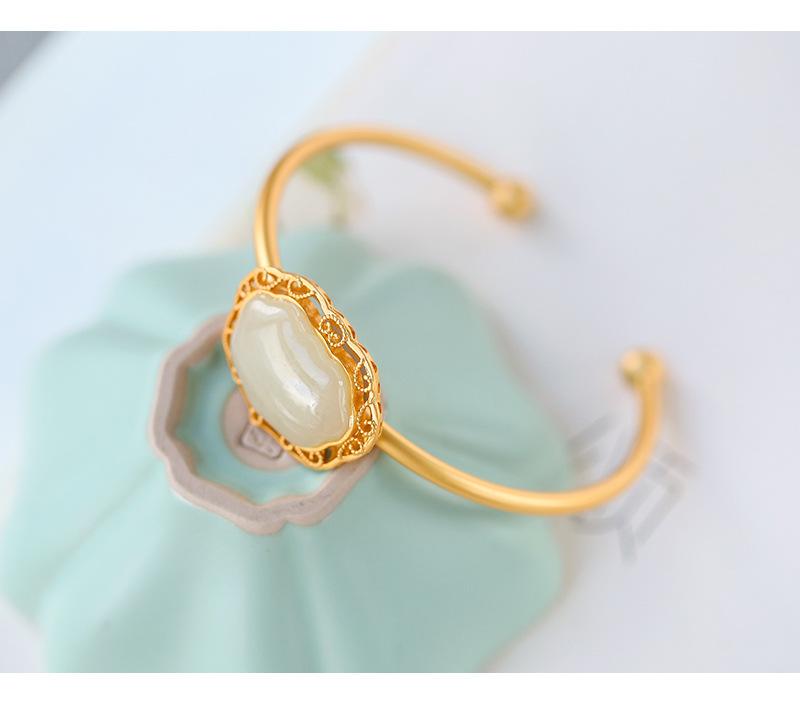 Imitation Hetian Jade Openwork Lace Geometric Bracelet - Retro White Ruyi Lock Fortune Bangle