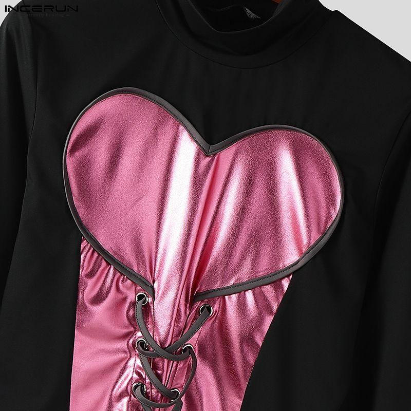 INCERUN Men Stand Neck Long Sleeve Bandage PU Patchwork Casual Cropped Tops T-shirts