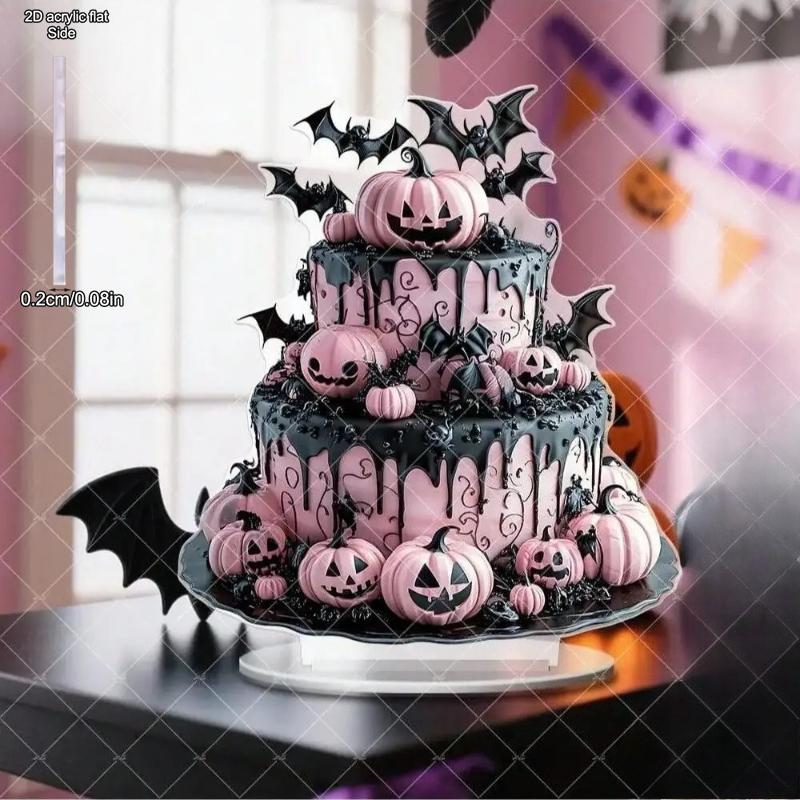 1pcs Halloween Creepy Pink Cake Castle Horror Pumpkin and Bat Tabletop Decoration Ornament - 2D Flat Acrylic Desktop Ornament