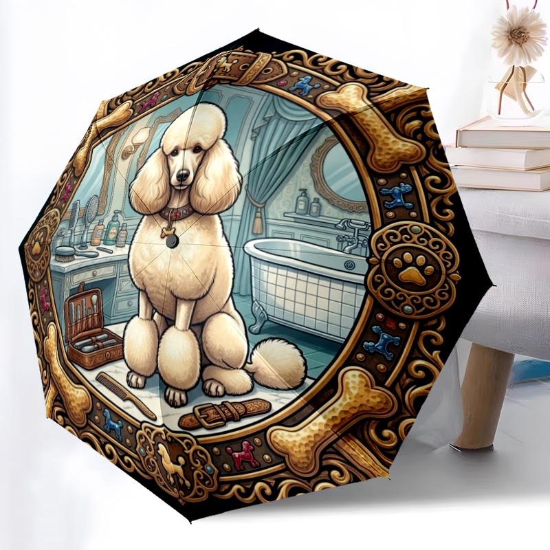 Royal Poodle Mirror Pattern Umbrella, Portable and Foldable Design, 8 Ribs, a Casual Accessory for Halloween, Christmas, and Birthday Gifts.