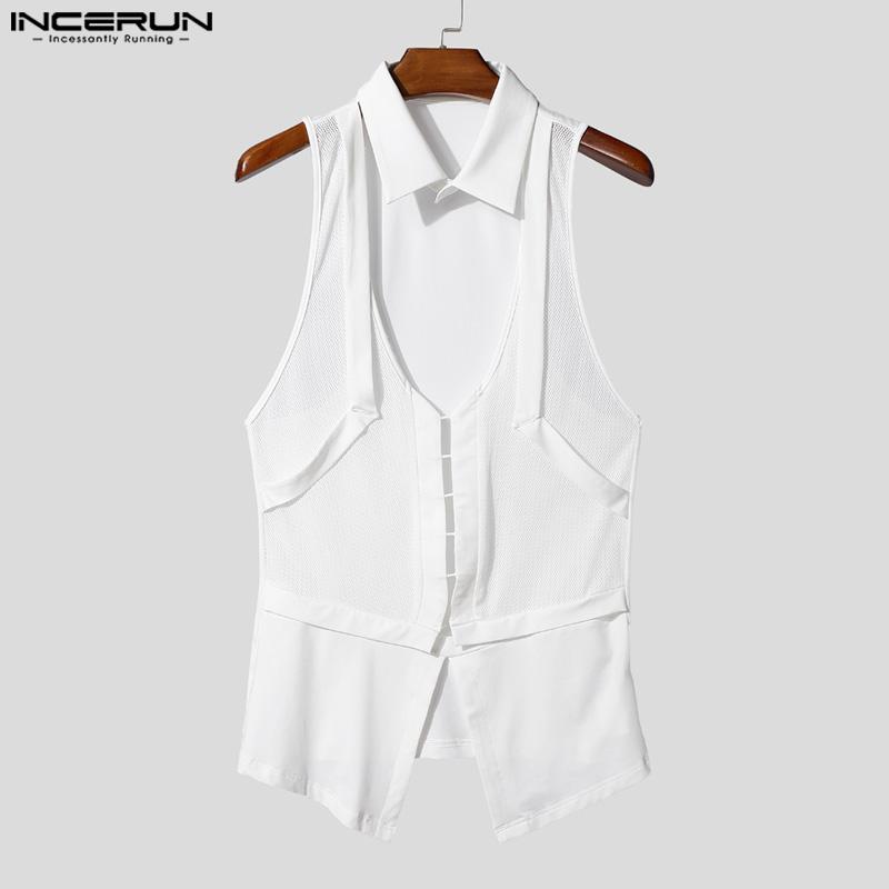 INCERUN Men Lapel Cutout Sleeveless Mesh Patchwork Fitted Shirts Tank Tops