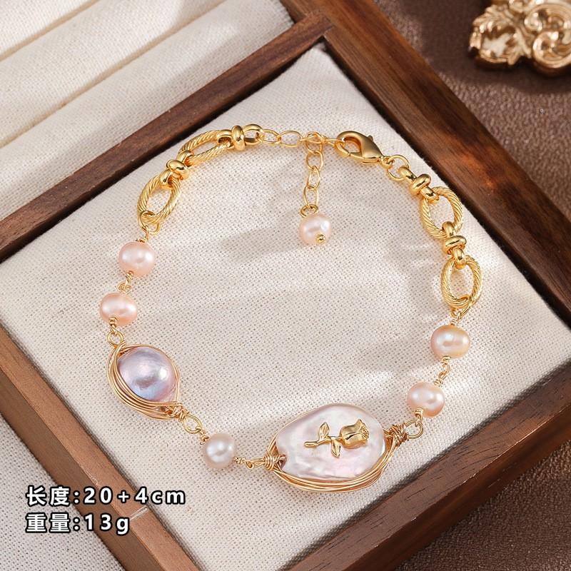 Elegant Baroque Freshwater Pearl Bracelet Women With Rose Charm Lightweight Luxury Minimalist Design Freshwater Pearl, Copper Components NL04531B