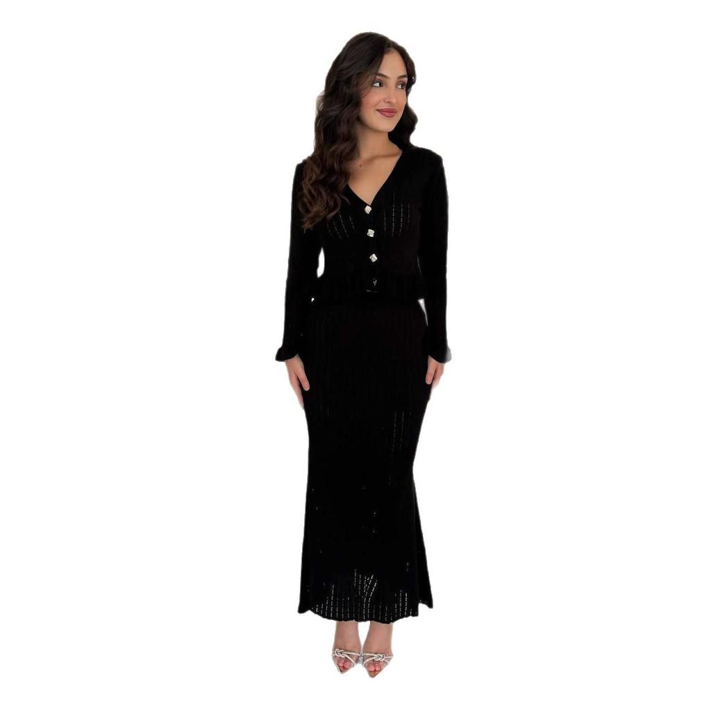 2025 Autumn Women's V-Neck Knitted Top & Midi Skirt Set