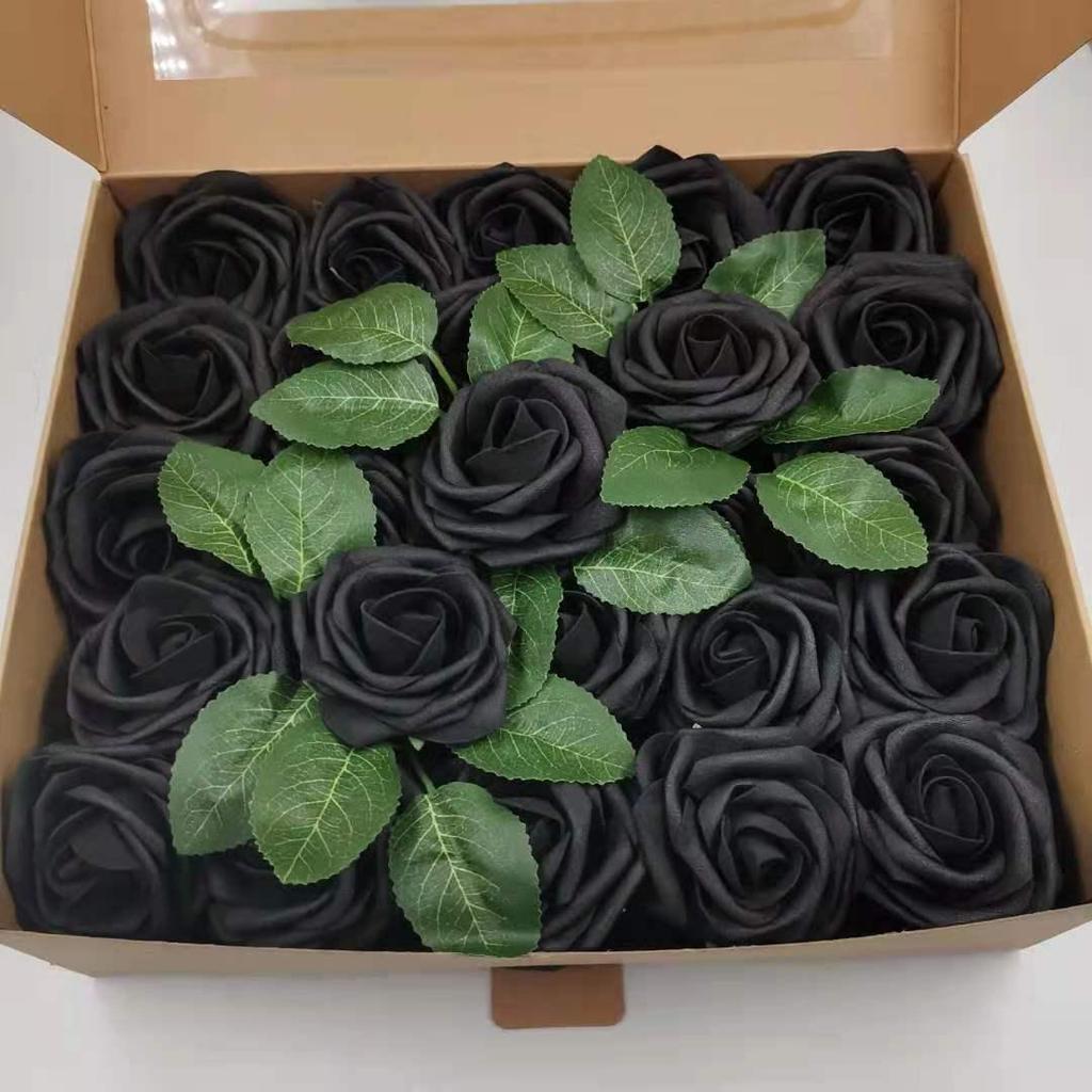 8CM Faux Rose Flower Gift Box Set with Leaves - Includes 25 or 50 Flowers for Home Decoration