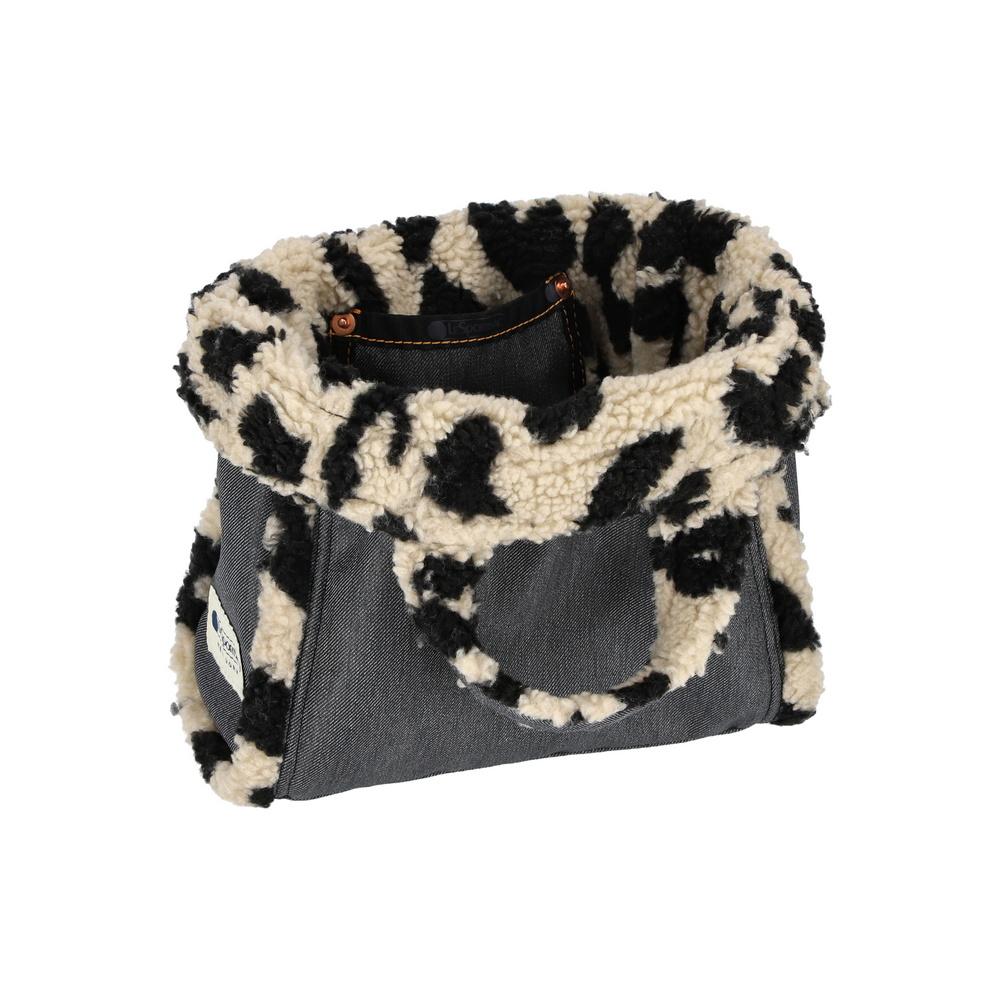 Lesportsac Black Denim/Leopard Sherpa Small Two-Way Denim Tote Bag [1559.La80]