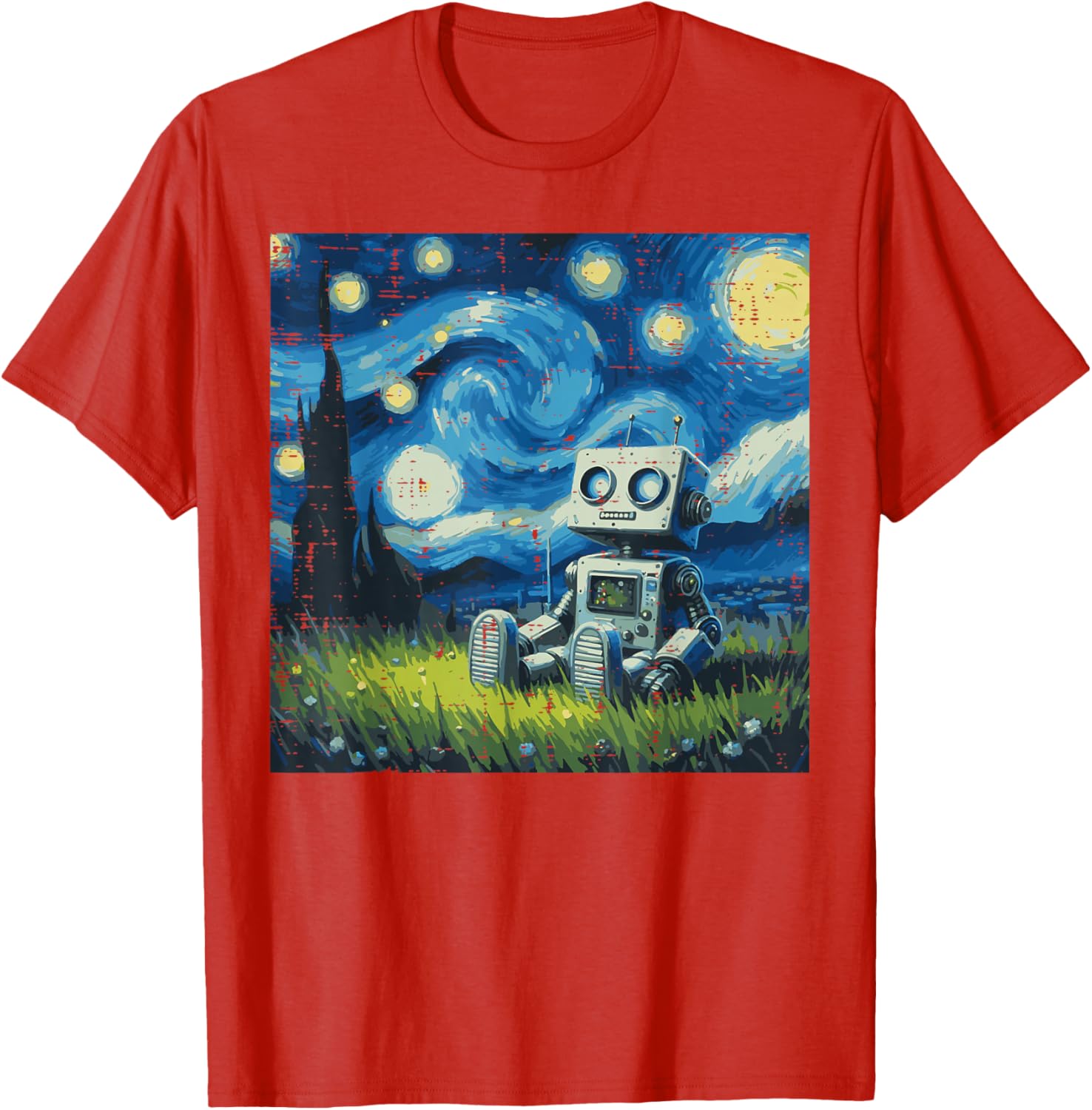 Starry Night Robot Graphic Tee Cotton Round Neck Casual TShirt Art Painting Print Tops for Men Women S