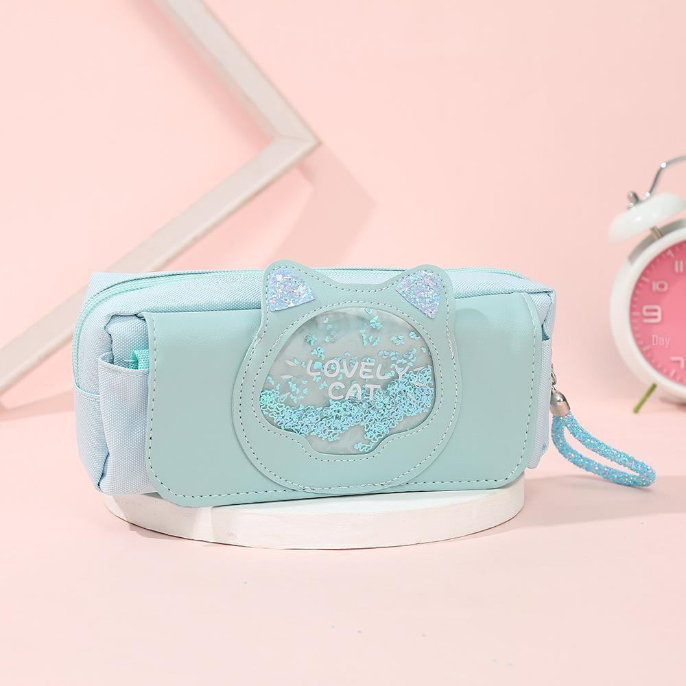 Quicksand Cat Canvas Pencil Case: Cute Korean-Style Three-Layer Stationery Bag for Female Students.