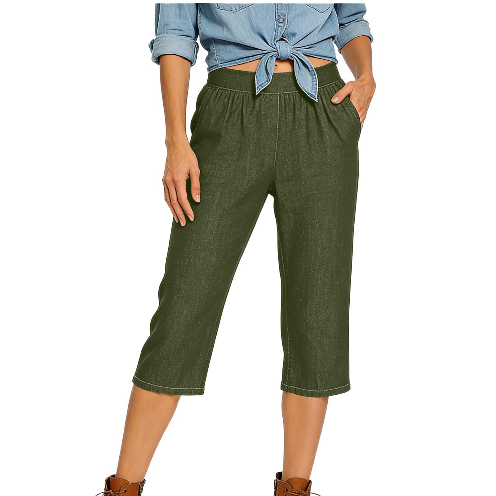 Women s Fashionable Color Elastic Waist Pocket Casual Cropped Pants L