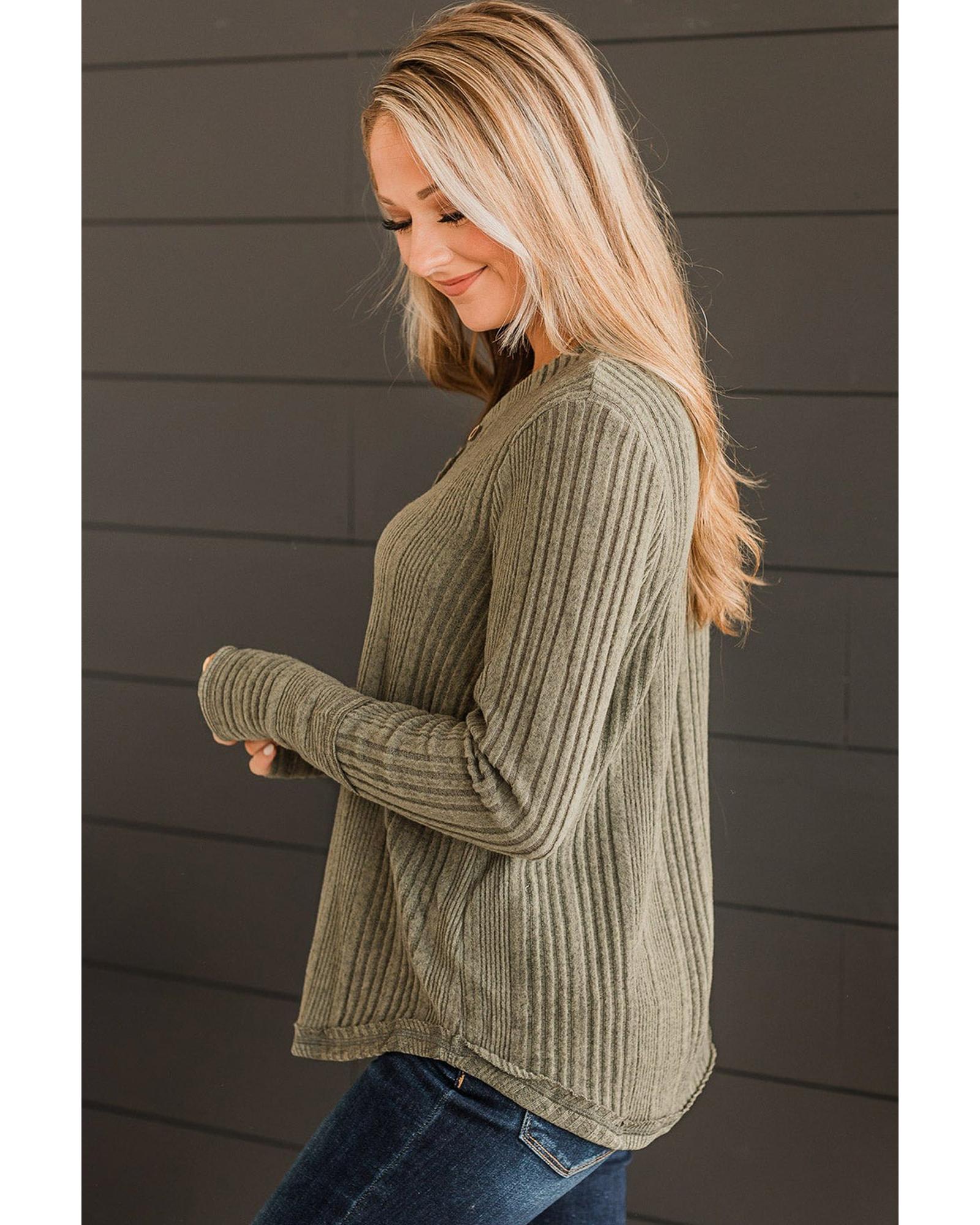 

Azura Exchange Jungle Green V Neck Buttoned Ribbed Knit Top XL джунглях зеленый