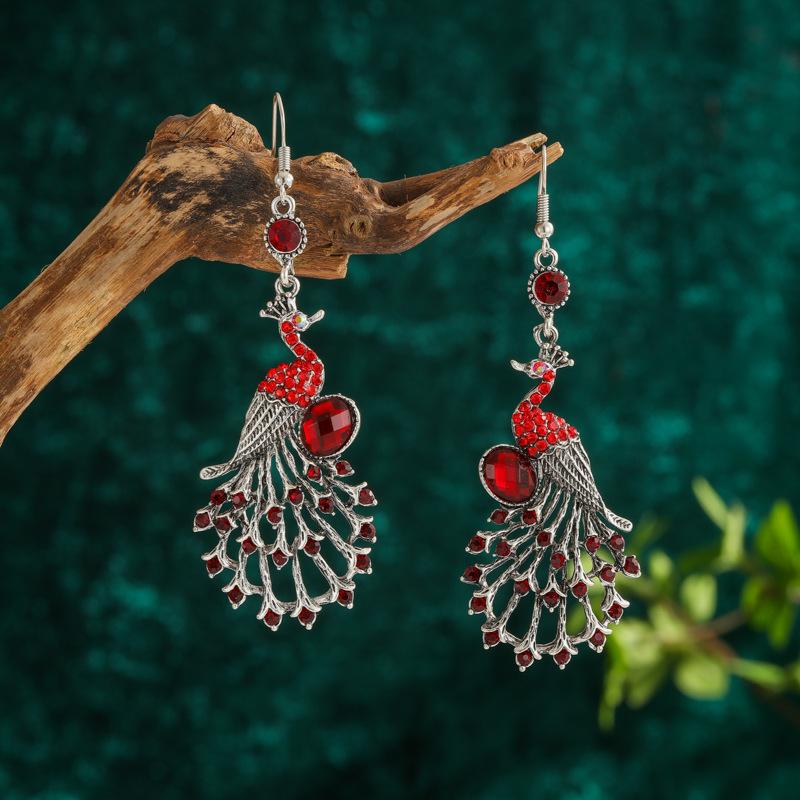 Blue Drop Oil Rhinestone Peacock Earrings for Women Ethnic Vintage Long Silver Color Geometric Animal Earrings Boho Jewelry Gift
