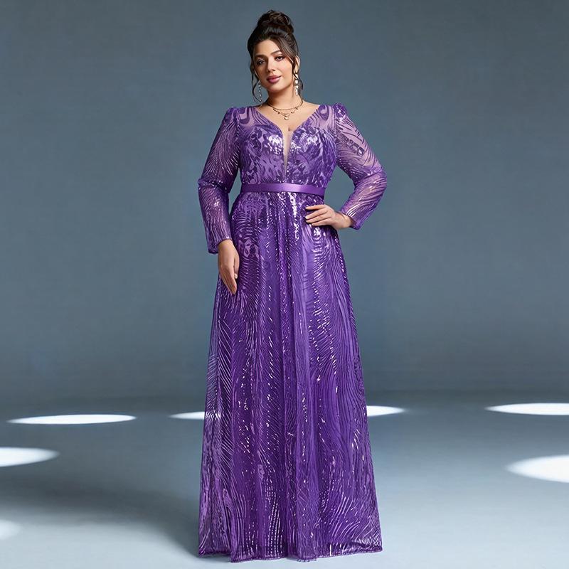 

2026 Dreamy Purple Plus Size Dress with Heavy Work and Puffy Skirt, Long Sleeve for Party or Performance 3XL фиолетовый