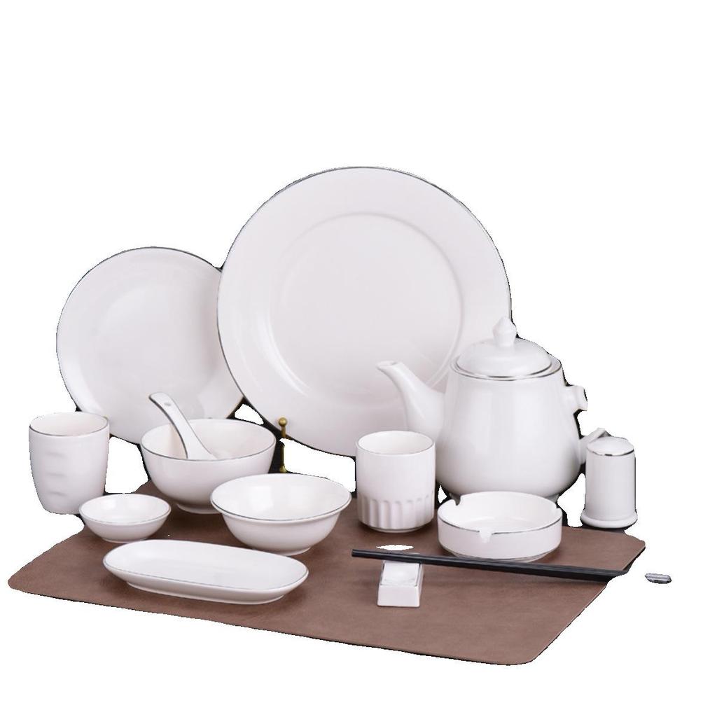 Elegant Ceramic Tableware Set: White with Platinum Rim - Includes Plates, Bowls, and Dishes for Restaurants or Clubhouses, Available in 3 or 4 Pieces