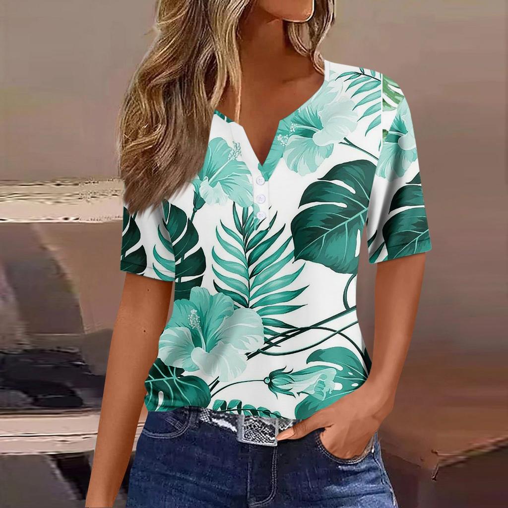 Dámské tričko Tričko Potisk knoflíku Krátký rukáv Denní víkend Móda Basic Top s výstřihem do V