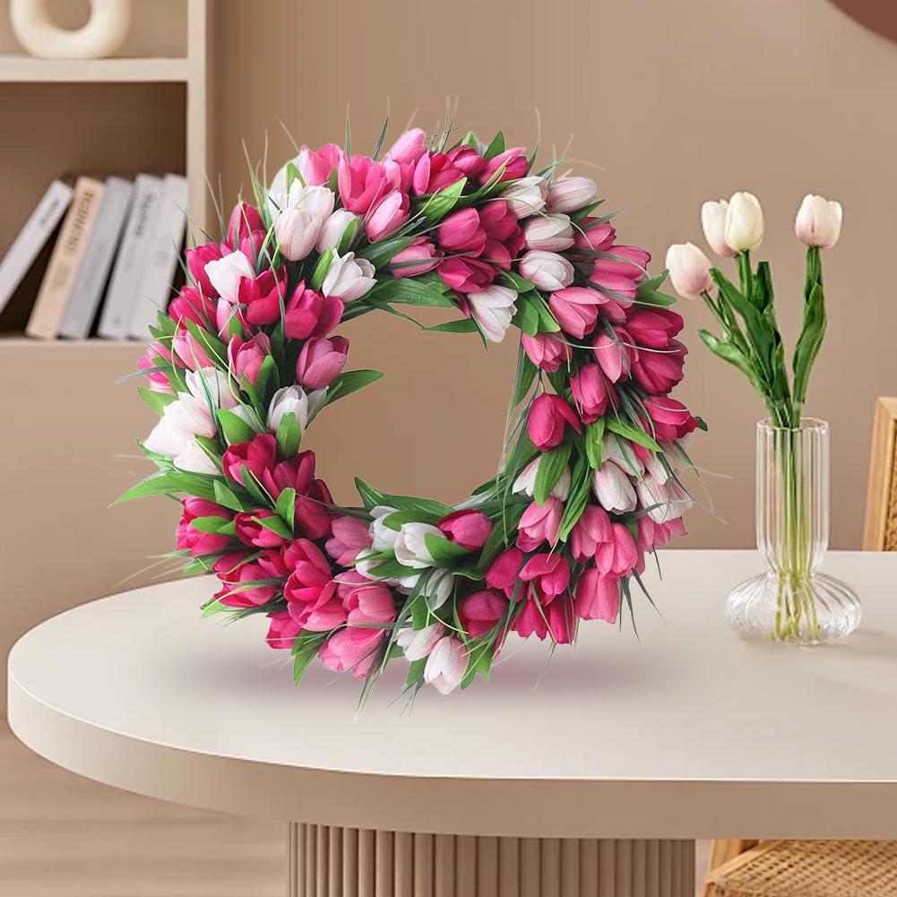 15.7inch Spring Wreath Artificial Flower Wreath with Tulips Mothers Day Valentine's Wreaths for Wall Window Party Wedding Decor