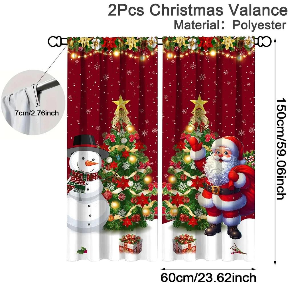 2PCS Digital Print Curtains, Christmas Santa Snowman Xmas Tree Gifts Snowflakes Red, Holiday for Living Room Bedroom Decor