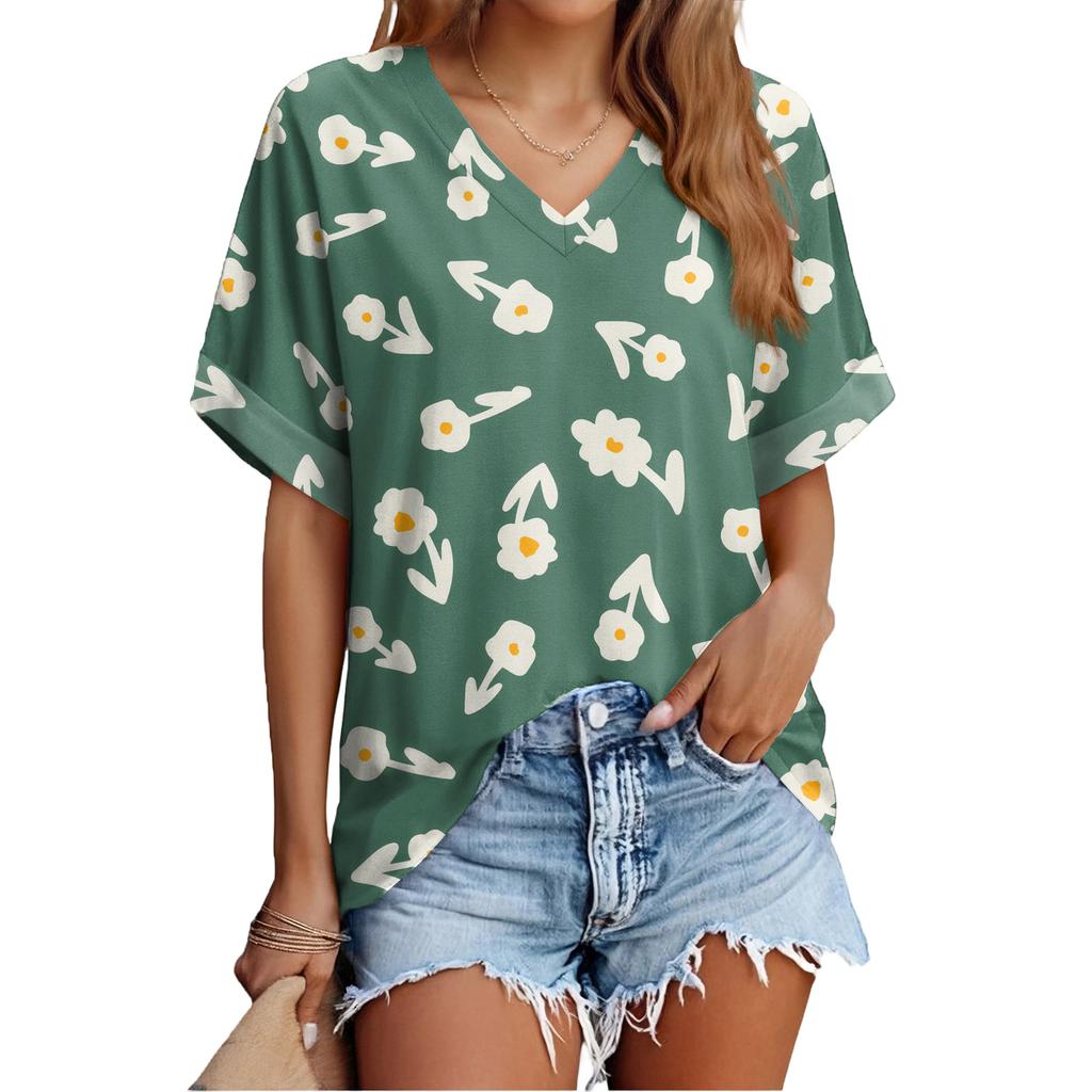 Top de Verano Casual Versátil a la Moda para Mujer con Estampado Floral Delgado de Manga Corta