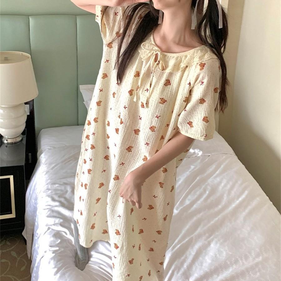 Full of printed floral bear bow pajamas women's summer round neck long dress loungewear girls loose nightgown