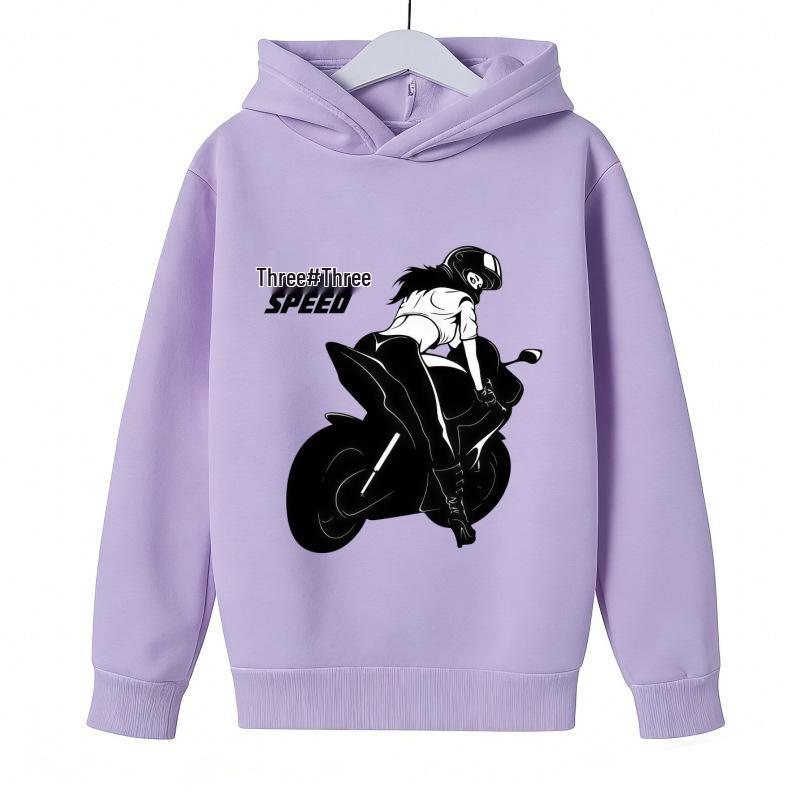 2026 Kids Unisex Hoodie: Black & White Silhouette Female Motorcycle Rider SPEED Racing Theme