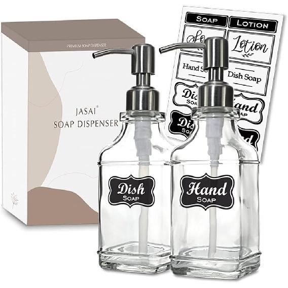 JASAI 2Pack Antique Design Glass Soap Dispenser with Rust Proof 304 Stainless Steel Pump, Refillable Hand Soap Dispenser with 10Pcs Stickers, Premium