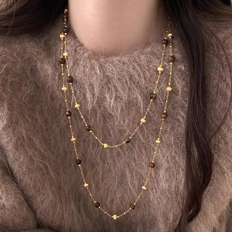 Tiger Eye Stone Multilayer Geometric Necklace With Beaded Chain For Women And Men