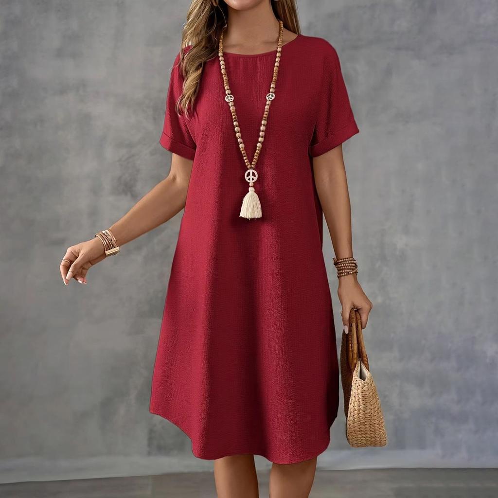 Women's Summer Casual Solid Color Round Neck Short Sleeve Mid-length Loose Dress