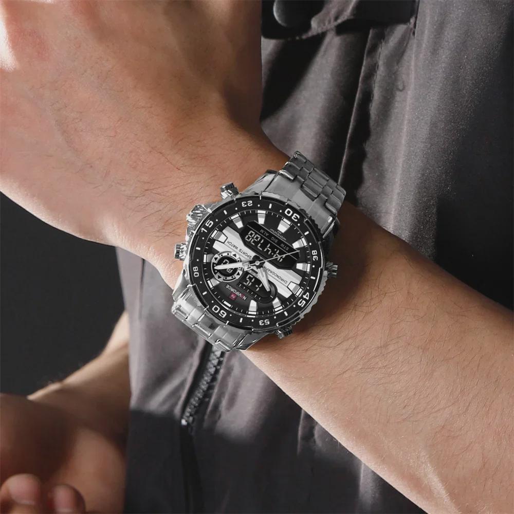 Fashion Golden Men Watch Multi-functional Quartz Wrist Watches Quartz Analog + LED Digital Movement Waterproof Steel Strap