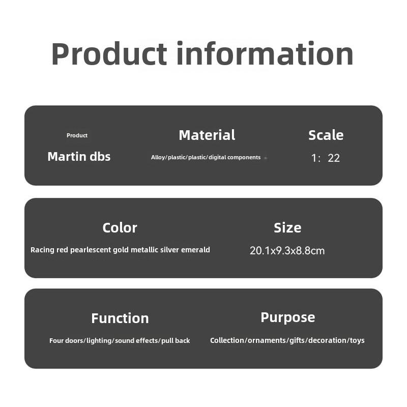 Diecast 1:24 Alloy  Model Car  Miniature Martin DBS Supercar Children Collectible Birthday Gift Metal Vehicle Boys Gift Hot Selling Toys