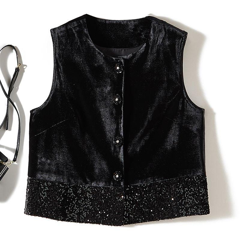 

Artistic Quality! Girls Gold Velvet round Neck Single-Breasted Vest Flash Sequins Autumn and Winter Stacked Outerwear Welfare Black L