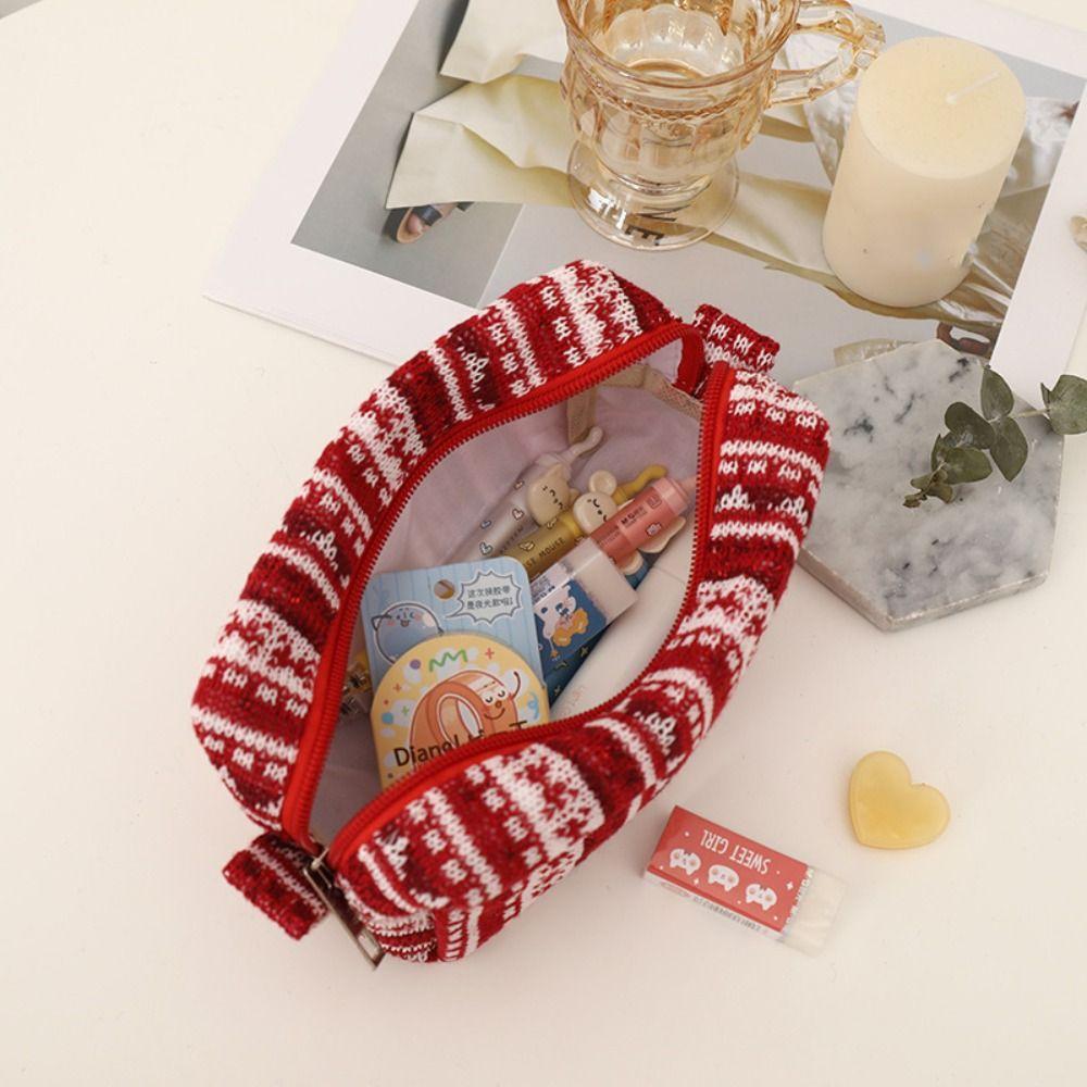 Knitted Fabric Christmas Cosmetics Storage Bag Large Capacity Knitting Pen Bag Stationery