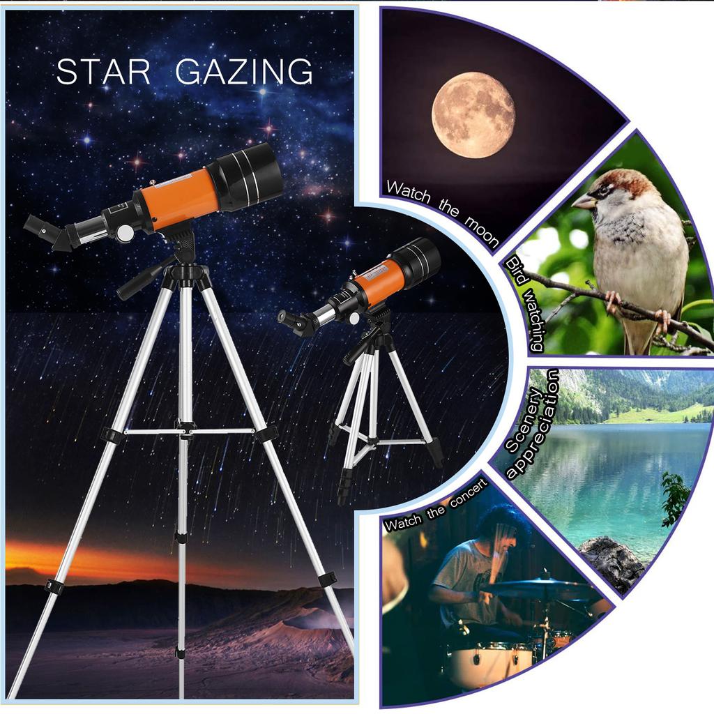 70mm Astronomical Telescope 150X High Power Monocular Telescope Refractor Spotting Scope with 5*24 Finder Scope Tripod Moon Filter 3X Barlow Lens for