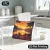 1pc Tissue Box, Flat Style Lake Sunset Campfire Warm Peaceful Pattern, 2D Flat Printing, Keeps Dust Out, Take Anywhere, Tissue Bag, for The Coffee Tab