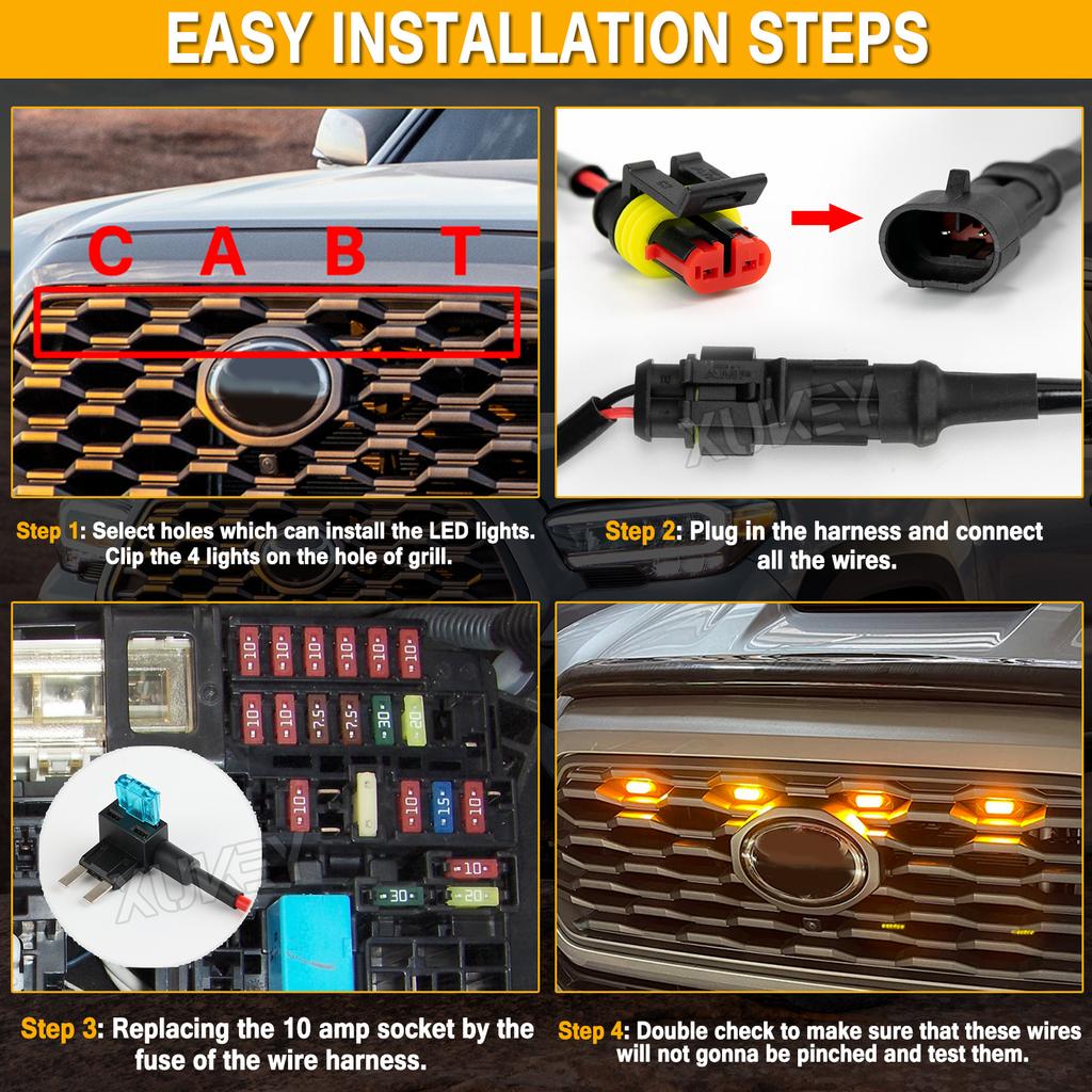 4x 6LED Grille Light Wiring Harness Kit Smoked Amber For Toyota Tacoma TRD Off Road Sport Models Front Grill 2020 2021 2022 2023