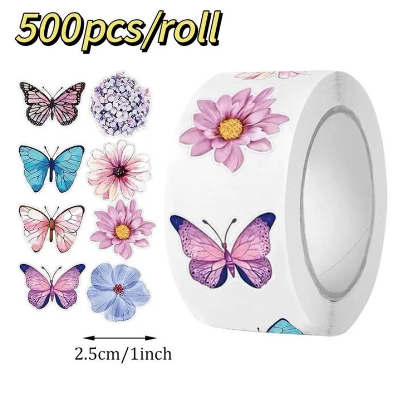 1-5 rolls Butterfly Flowers Stickers 2.5cm/1.0inch Diy Decals Decor Use To Adorn Gifts Notebook Kettle Phone Seal Labels