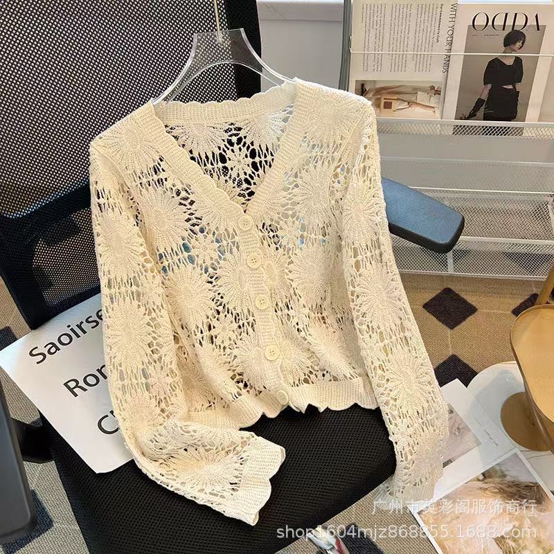 Summer Thin Knitted Sweater Women's Embroidered Hollow Long-sleeved Beach Clothes Women's Top Lace-up Jacket Versatile
