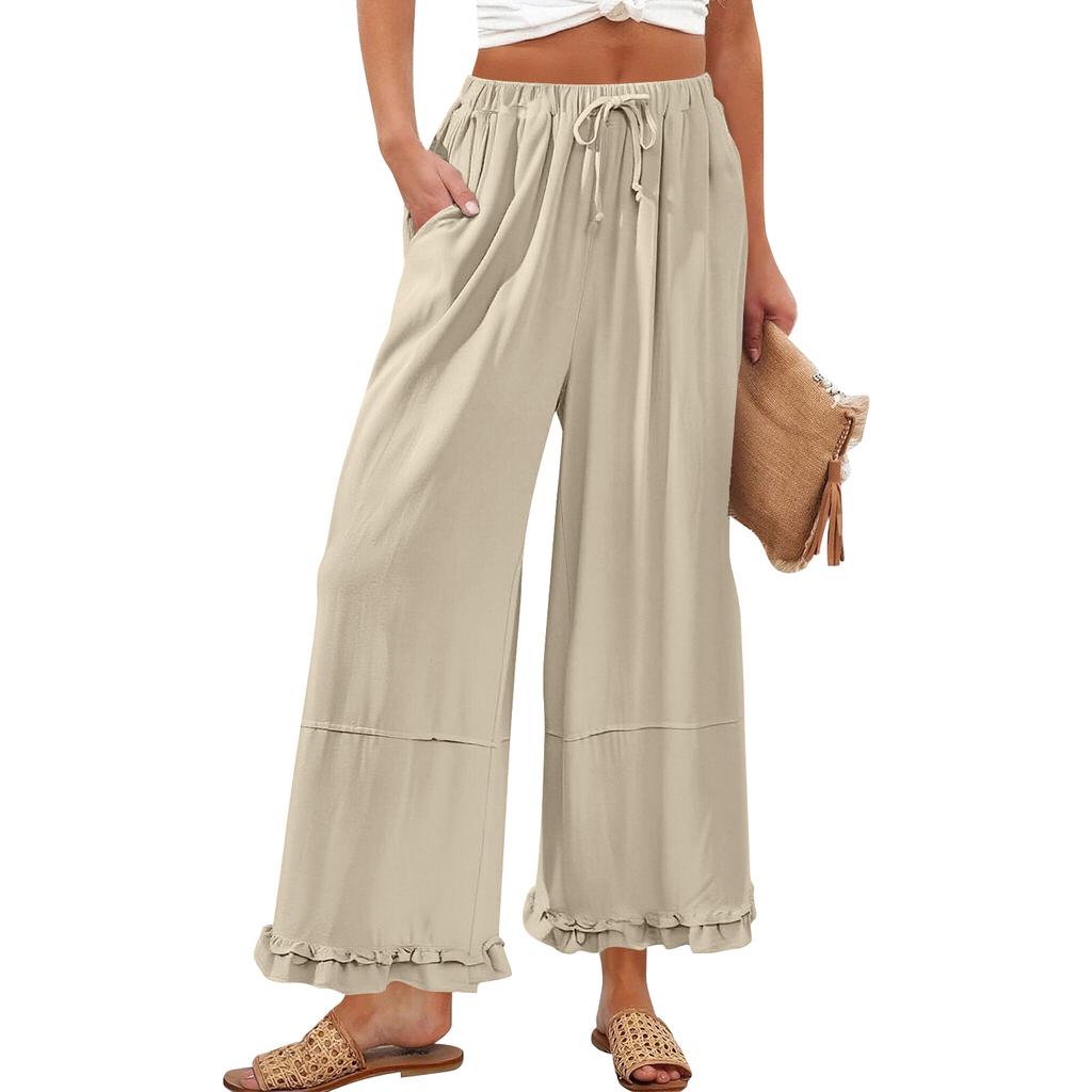 Women’s Wide Leg Lounge Pants with Drawstring Waist and Ruffle Hem Casual Loose Fit Lightweight Trousers with Pockets